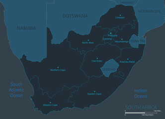 South Africa map. High detailed map of South Africa with countries, borders, cities, water objects. Vector illustration EPS10