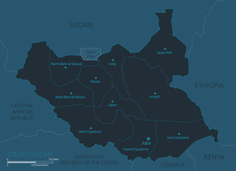 South Sudan map. High detailed map of South Sudan with countries, borders, cities, water objects. Vector illustration EPS10