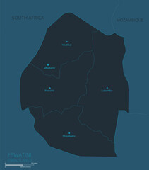 Eswatini or Swaziland map. High detailed map of Swaziland with countries, borders, cities, water objects. Vector illustration EPS10