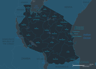 Tanzania map. High detailed map of Tanzania with countries, borders, cities, water objects. Vector illustration EPS10