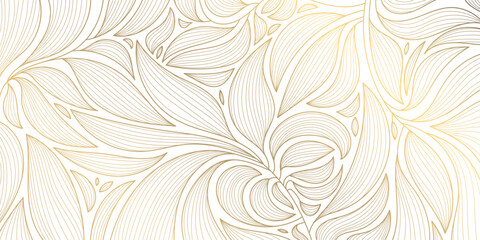 Vector abstract luxury background, gold line floral wallpaper, leaves texture. Golden botanical modern, art deco pattern, elegant foliage wavy ornament - 686645498