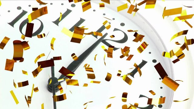 Animation of clock showing midnight and confetti falling on white background