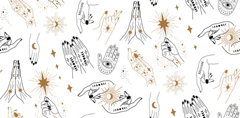 Seamless pattern with hands. A woman casts a spell. Magic hands. 
Palm tattoos. On a dark background. Gold on black background
