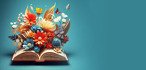 3D Abstract Book Opening with Florals in the Air, Books and Flowers Background