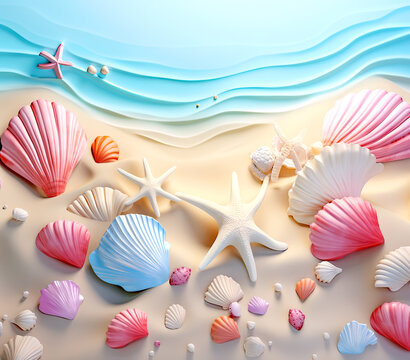 3D Beach Illustration with Waves, Seashells, Sand and Seashore