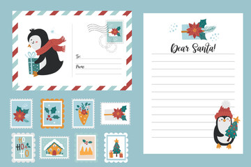 Christmas set for writing a letter to Santa. Postcard, letter for Santa, stamps.
