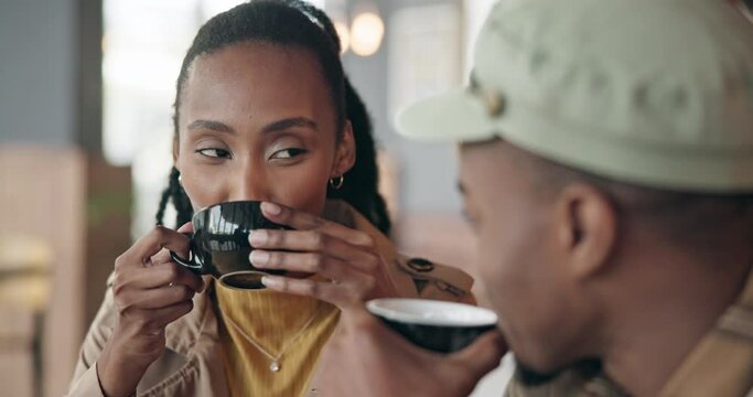 Couple, coffee and in love with flirt at restaurant, cafe or diner for bond, care or date. Black people, man and woman with tea on a weekend for break, conversation and talking for quality time