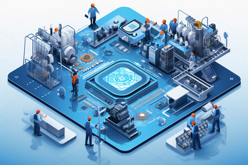Isometric illustration of miniature people working on a circuit board with futuristic technology elements and data processing.