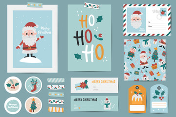 Fototapeta na wymiar Christmas set of cards, envelope, tags, washi tapes and seamless pattern for gifts with Santa Claus
