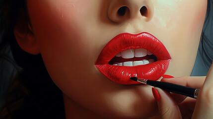Obraz premium Lips Beauty Closeup, Woman Face Make Up and Red Lipstick Close Up.