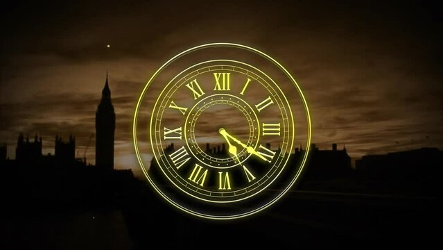 Animation of clock showing midnight and fireworks exploding over cityscape background