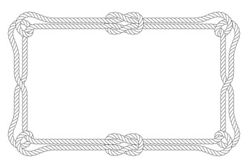 Square double rope frame with loops in corners and knots, marine style border, vector - obrazy, fototapety, plakaty