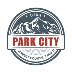 Park City, Utah ski resort stamp, emblem with snow covered mountains, vector - obrazy, fototapety, plakaty