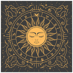 Ornamental tarot style frame with magic sun, zodiac signs and esoteric patterns, mystic frame, vector