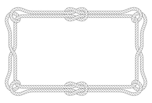 Square double rope frame with loops in corners and knots, marine style border, vector