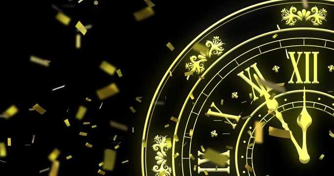 Animation of clock showing midnight, confetti and fireworks exploding on black background