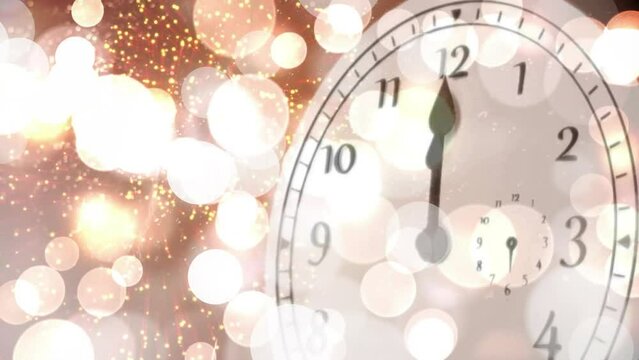 Animation of clock showing midnight and fireworks exploding with spots of light background