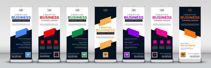 vertical Modern business roll up Banner Design for meetings, Street Business, presentations, annual events, events, exhibitions in red, blue, orange, purple, green, pink and yellow