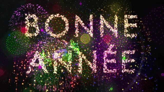 Animation of bonne annee text and fireworks on black background