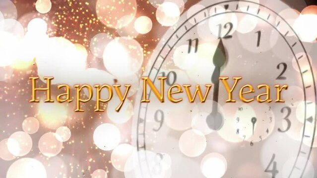 Animation of happy new year text, clock showing midnight and spots of light background