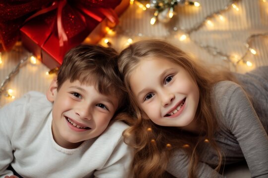 Top view of two small children lying on the Christmas lights with red gift box.