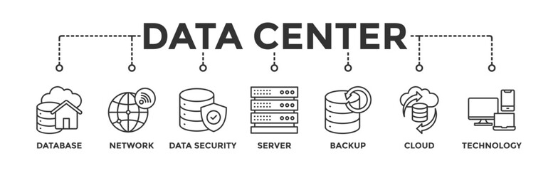 Data center banner web icon vector illustration concept with icon of database, network, data security, server, backup, cloud and technology