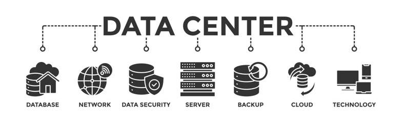 Data center banner web icon vector illustration concept with icon of database, network, data security, server, backup, cloud and technology