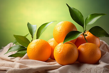 Fresh oranges with leaves on a draped cloth with a soft green background.