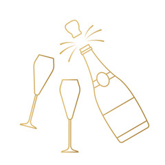 golden champagne bottle explosion and glasses line icon; cheers, wedding, party, celebration of New Year's Eve- vector illustration
