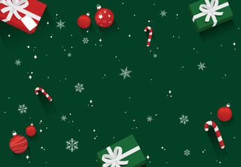Christmas background with gift boxes, adorned with ribbons and bows, Christmas tree ornaments, striped candy canes and white snowflakes