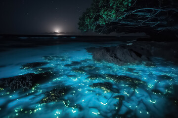 Fototapeta na wymiar Illumination of plankton , bio luminescence, AI