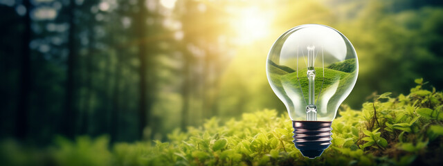light bulb on natural landscape and wind turbines.