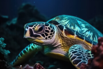 Sea turtle swimming. Turtle in the blue sea, looking directly into the camera. Details of head, mouth and eyes, AI