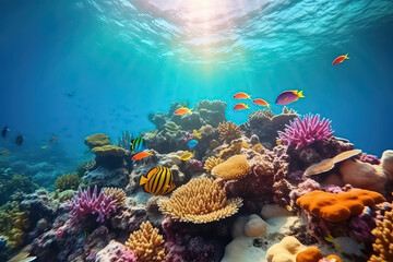 Fototapeta na wymiar underwater coral reef landscape background in the deep blue ocean, AI