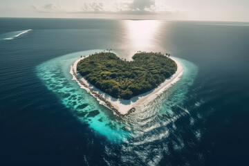 Drone photo island in the shape of heart, AI - obrazy, fototapety, plakaty