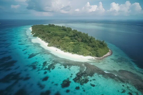 Drone photo of beautiful paradise tropical beach on island, AI