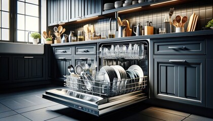 n open dishwasher in a modern kitchen with dark grey cabinetry