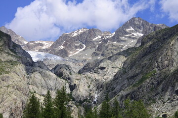 Fototapeta na wymiar Wasserfall und Bäume am Glacier Blanc