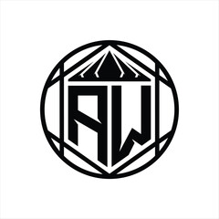 AW Letter Logo monogram hexagon slice crown sharp shield shape isolated circle abstract style design