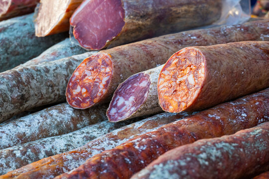 Chorizos and morcillas and pork loin are typical products of the Spanish gastronomy homemade and for sale in a traditional street market.