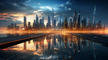 Panoramic skyline and modern commercial buildings with roads. Asphalt road and cityscape at sunrise