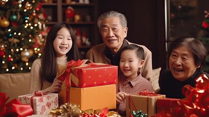 big family grandma grandpa dad mom children open gift boxes in new year celebration