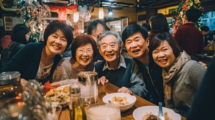 big family diner grandpa grandma dad mom and kids in new year celebration