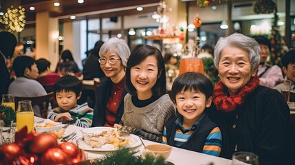 big family diner grandpa grandma dad mom and kids in new year celebration