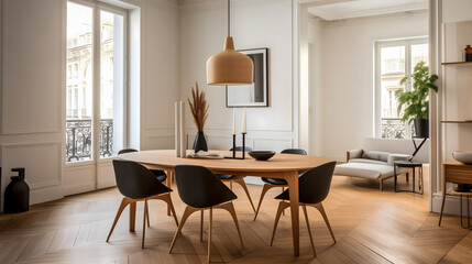 Un intérieur d'un appartement parisien avec salle à manger spacieuse et lumineuse, un mobilier moderne, une grande table en bois, des chaises élégantes et une décoration minimaliste - obrazy, fototapety, plakaty