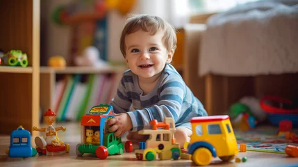 Fotobehang un bébé souriant jouant avec des jouets. © Gautierbzh