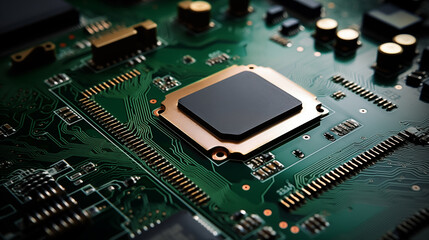 Fototapeta premium Close-up on modern and powerful CPU processor micro chip surrounding by other electrical components on green board