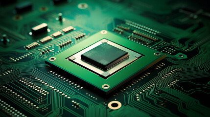 Obraz premium Close-up on modern and powerful CPU processor micro chip surrounding by other electrical components on green board
