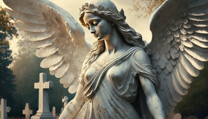 Marble Angel Statue in a Cemetery - obrazy, fototapety, plakaty