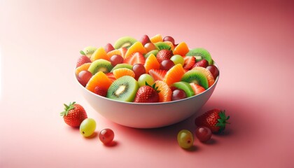 Fresh Fruit Salad in White Bowl on Pink Background